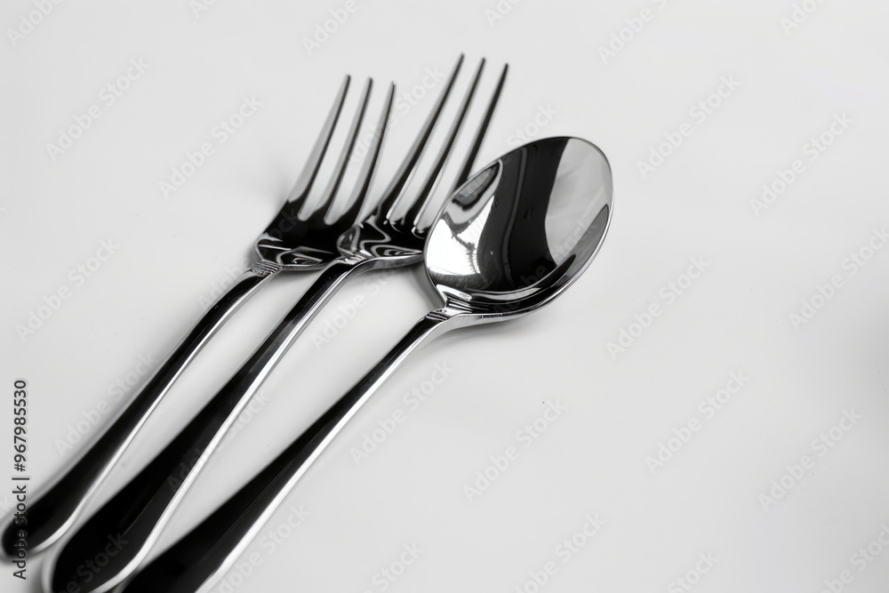 Poster A close-up shot of a fork and spoon on a table or plate