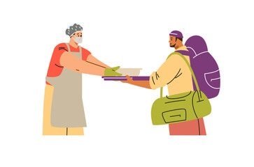 A man volunteer in a mask, gloves gives a bowl of soup to a man.