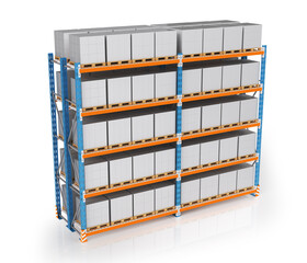 Warehouse storage metal orange blue rack with blank boxes. 3d illustration on white background