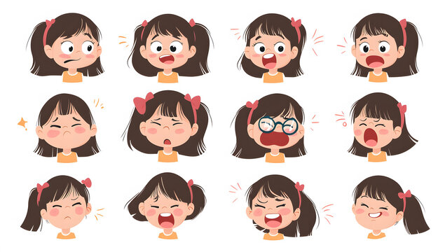 Cute girl, various facial expressions vector illustration on a white background, Illustration of face with various facial expressions and emotions.
