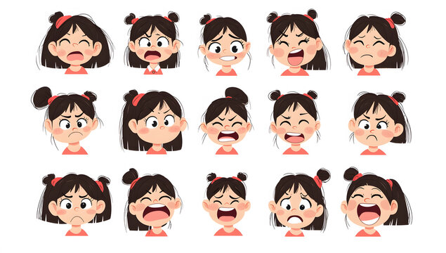 Cute cartoon girl face expression set, with happy and sad emotions on a white background, illustration style vector. 