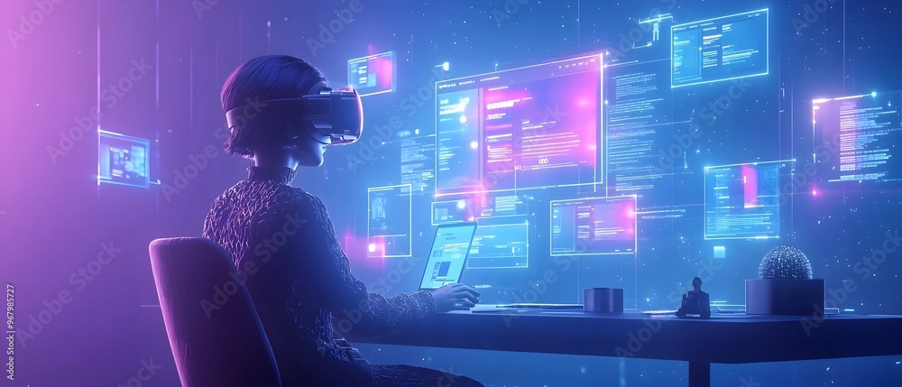 Poster virtual reality scene of a user building a website in a 3d futuristic environment immersive web deve