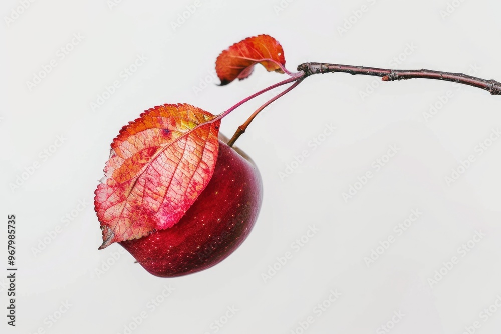 Poster a single red apple with a leaf attached to the stem, growing on a branch
