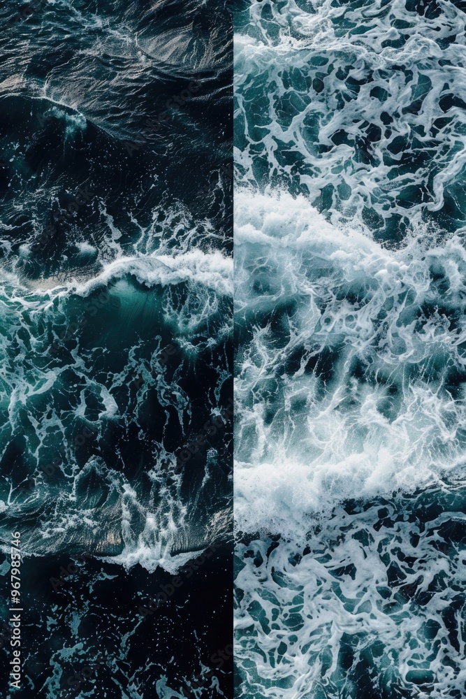 Poster two images of ocean waves with blue sky background