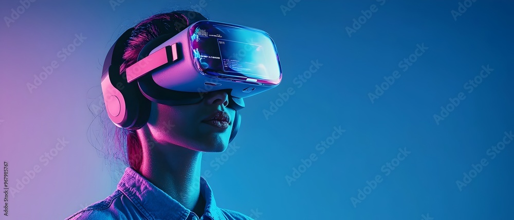 Poster vr headset user interacting with futuristic 3d website model in immersive digital experience concept