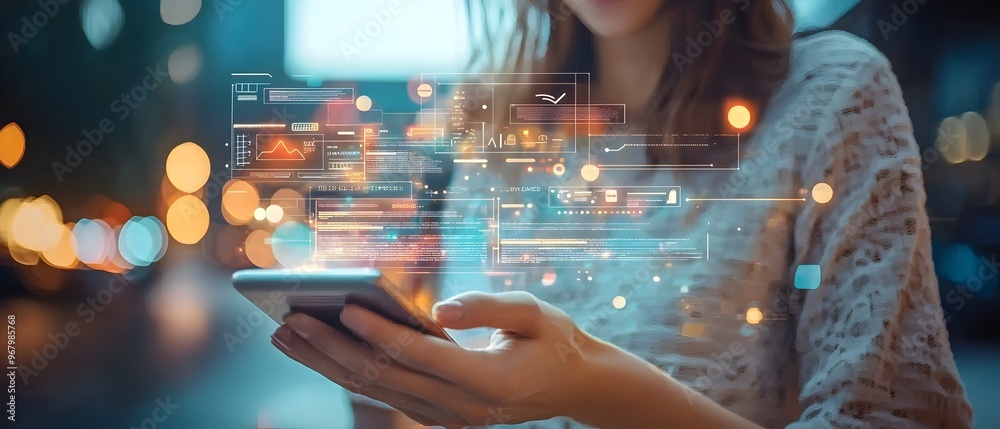 Poster virtual assistant navigating a user through a modern mobile website interface showcasing the of tech