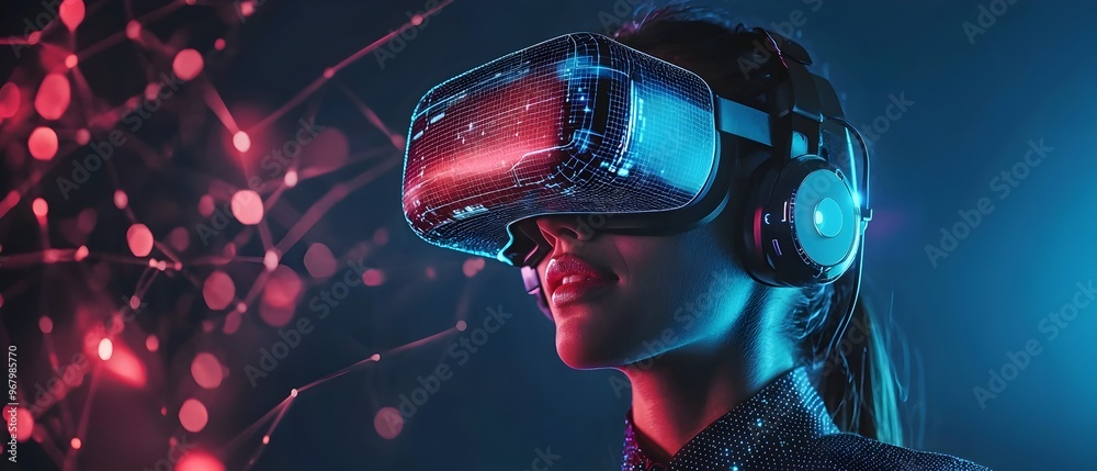 Poster virtual reality user wearing vr headset interacting with a 3d model of a website showcasing a futuri