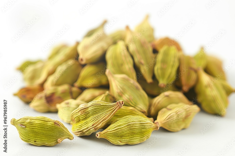 Poster a pile of cardamom seeds on a white surface, ideal for use in recipes or as a decorative element