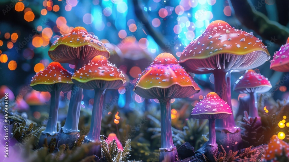 Aufkleber a cluster of mushrooms growing in a dense green forest floor, ideal for use as a nature-inspired bac