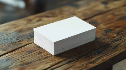 A close-up view of an empty stack of white business cards arranged on a wooden table. The scene conveys the concept of information exchange, address sharing, and business networking. 