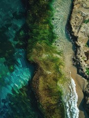Green and brown algae on rocky shore. Waterline indicates tidal change. Shallow coastal zone.