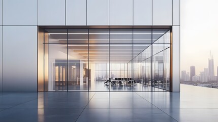 Modern Glass Office Building with City View and Empty Terrace