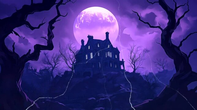 A Haunted mansion perched on a hilltop, surrounded by twisted trees, with an ominous full moon. Halloween concept, looping 4k video animation background