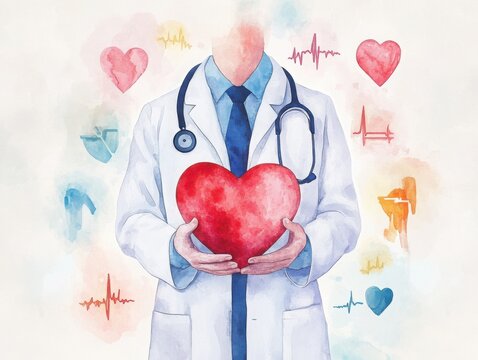 Watercolor imagery of a doctor holding a heart, surrounded by light and bright medical icons, emphasizing heart disease prevention through medical care