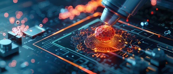 A close-up view of a microchip with a glowing sphere, representing advanced technology and digital innovation.