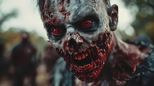 Scary zombie with bloody face outdoors, closeup. halloween monster. Zombie. Illustration