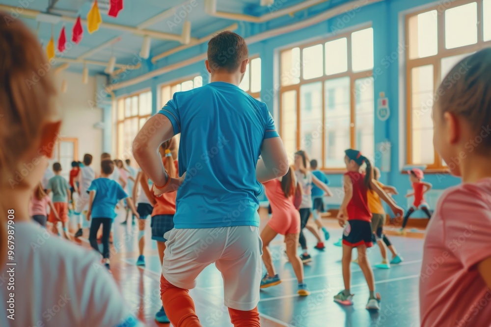 Poster a group of people exercising and lifting weights in a modern gym setting