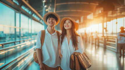 Young happy Asian couple at the airport ready to spend vacation trip travel .