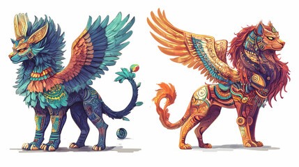 Fototapeta premium Set of mythical creatures like phoenixes and sphinxes in a mystical Sphinx. Illustration