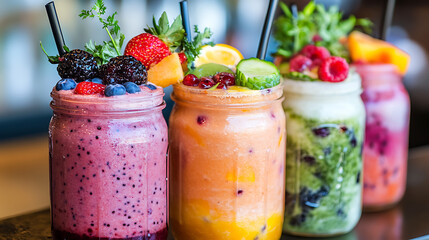 Multi-colored smoothies in mason jars with tropical and berry flavors and garnishes