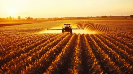 Fototapeta premium Close-up shot of pesticide being sprayed over a vast cornfield, highlighting the environmental impact of corporate farming.