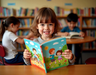 Curious child exploring a magical illustrated book amidst library shelves