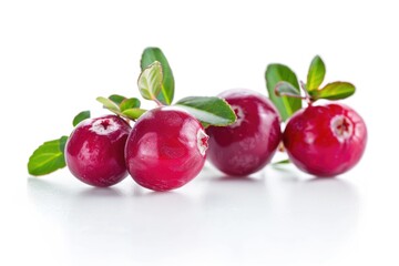 A still life image of fresh cranberries with leaves on a white surface