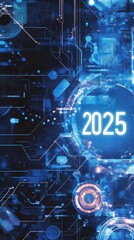 A futuristic wallpaper design showcases vibrant blue elements and the year 2025 in a tech-inspired aesthetic that conveys innovation
