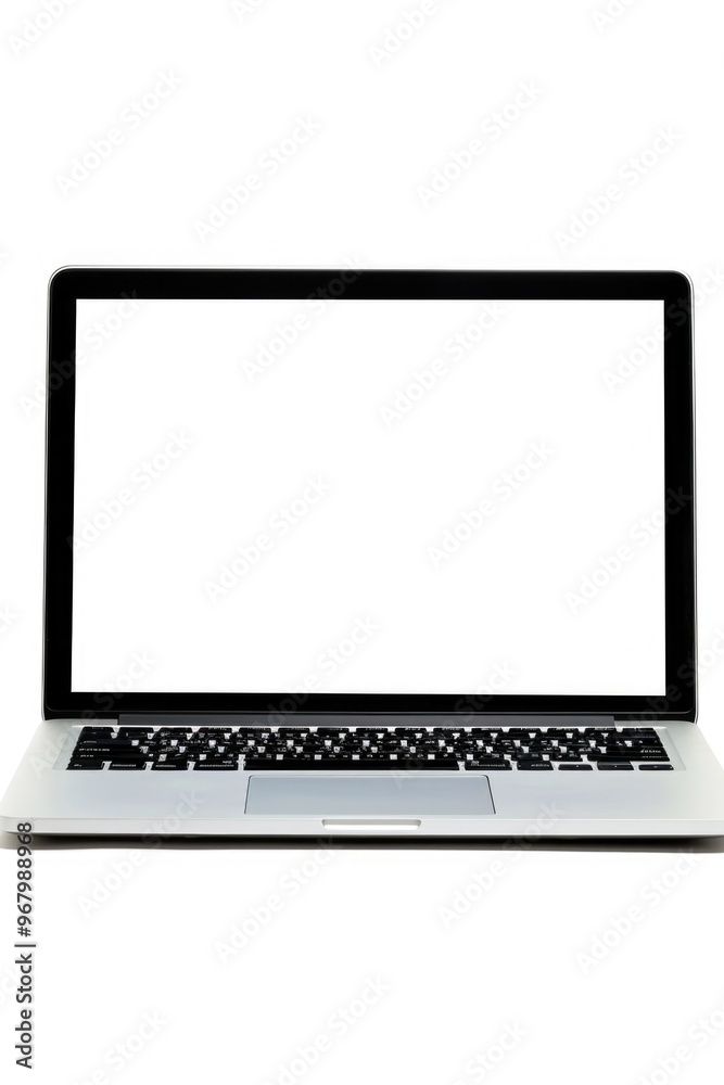 Poster a laptop computer on a white surface with a blank screen