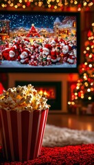 Festive Christmas Movie Marathon Invitation with Cozy Living Room and Holiday Decorations for Print Use