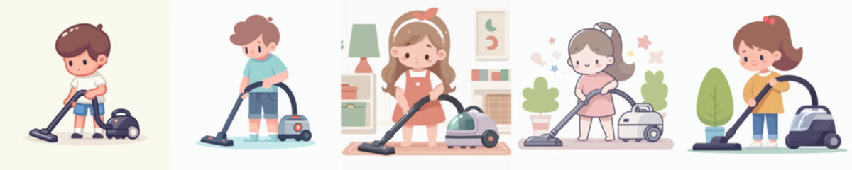 vector set of little boy using vacuum cleaner