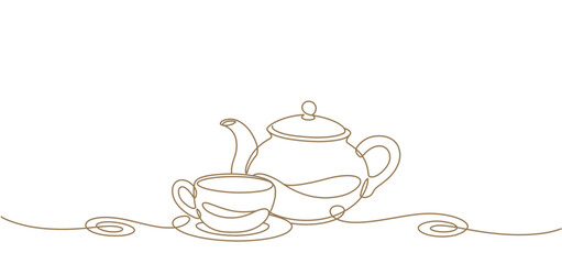 teapot with cup line art illustration. drinks vector element design background