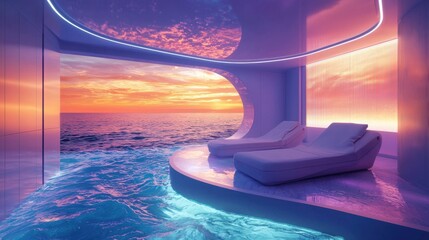 An avant-garde wellness cruise with shifting holographic spa treatments and bioluminescent relaxation decks promoting rejuvenating travel style, isolated background