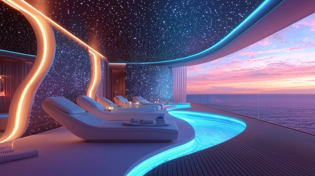 An avant-garde wellness cruise with shifting holographic spa treatments and bioluminescent relaxation decks promoting rejuvenating travel stylE, isolated background