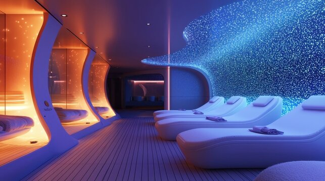 An avant-garde wellness cruise with shifting holographic spa treatments and bioluminescent relaxation decks promoting rejuvenating travel style, isolated background