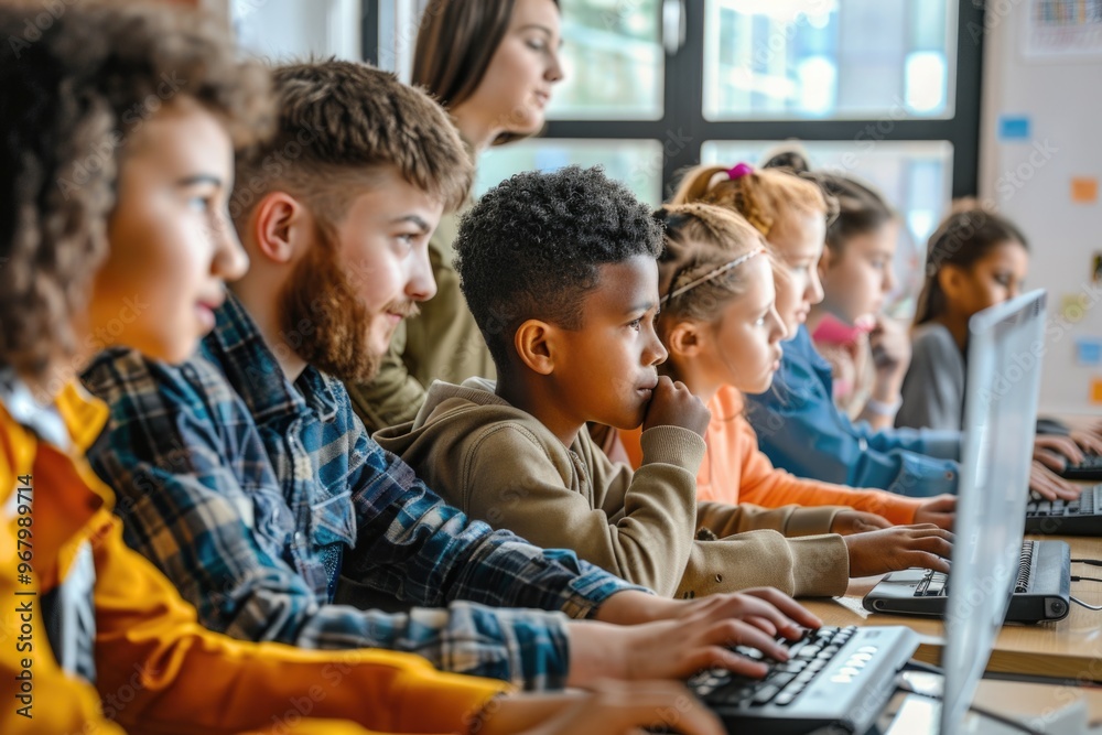 Poster a group of children learning on computers, educational concept