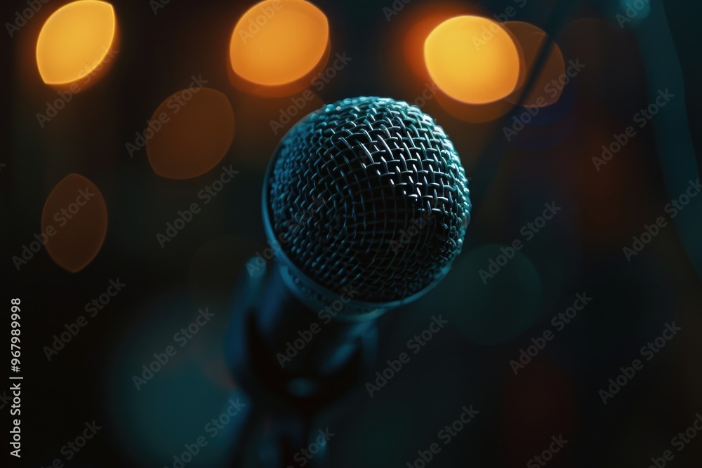 Poster A close-up shot of a microphone with a blurred background of lights, great for use in music and recording settings