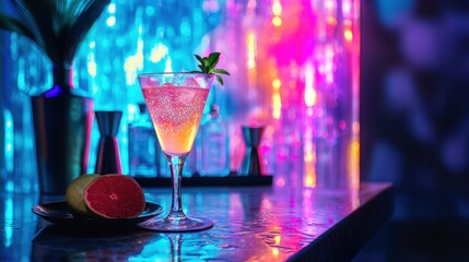 An avant-garde cocktail lounge with shifting holographic decor and bioluminescent beverages, buzzing with nightlife style, isolated background