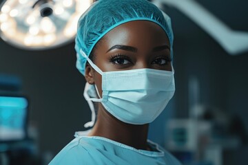 Woman surgeon in scrubs, mask and eye protection in operating room.