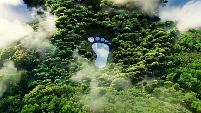 The lake in human foot icon surrounded by green forest, means activity of business emiss carbon footprint