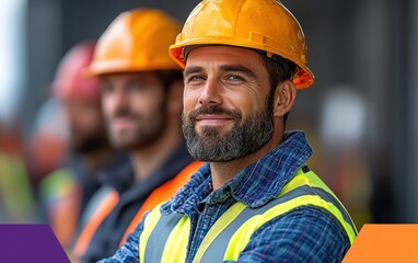 Construction workers smile while wearing safety helmets and vests at the job site