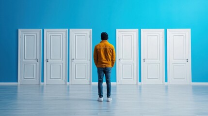 Fototapeta premium Closed Doors of Opportunity: A person standing in front of multiple closed doors, but not attempting to open any, representing the refusal to explore new possibilities