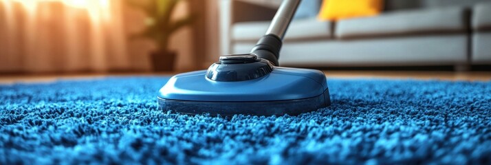 Cleaning a vibrant blue carpet with a vacuum cleaner in a cozy living space