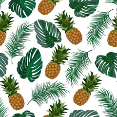 Pineapples and leaves in a pattern.Pineapples and palm leaves on a white background in a seamless pattern.
