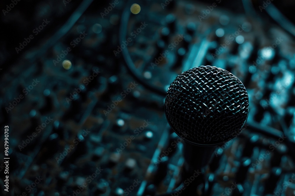 Poster a microphone sitting on top of a keyboard, ready for use