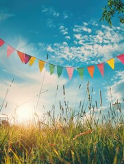 Vibrant pennants in a sunlit field, string stretched across the sky