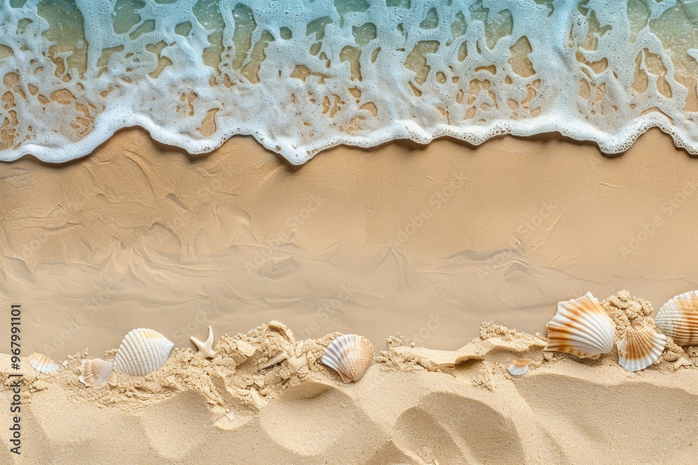 Poster A scenic image of a sandy beach with shells and a gentle wave