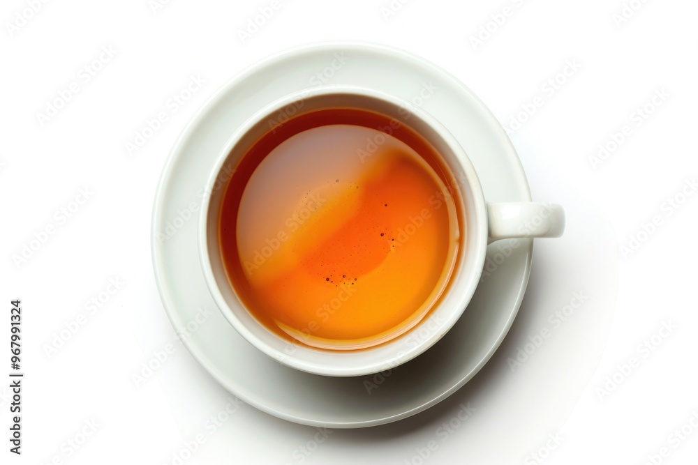 Poster a single serving of tea in a cup, sitting on a saucer on a white background