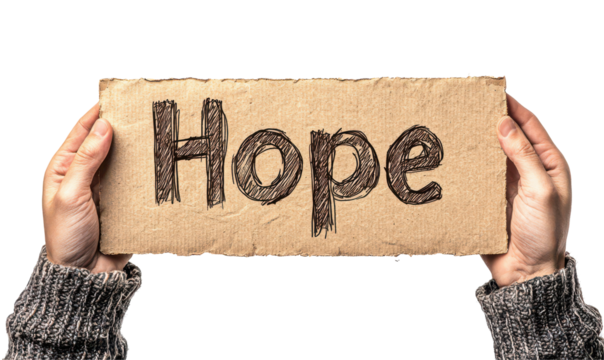 Pair of hands holding a cardboard sign with the word 'Hope' written on it isolate on transparent background, cutout, png