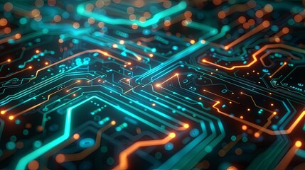 Obraz premium A digital wallpaper featuring an intricate circuit board pattern, glowing neon lines on a dark background, symbolizing advanced technology.